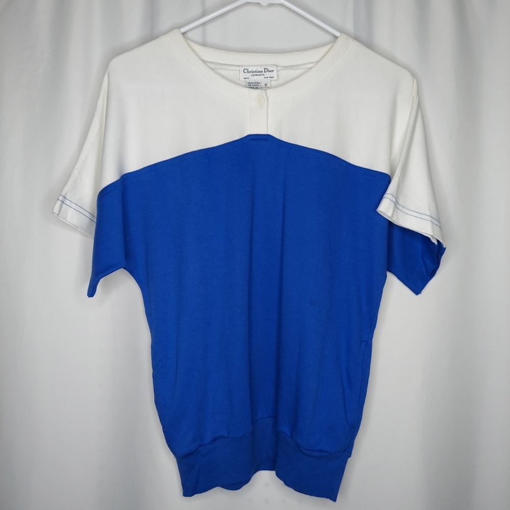 Christian Dior Vtg Top Women Small Blue‎ White Color Block Short Dolman Sleeve